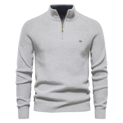 Men's black half zip ribbed crew neck sweater with long sleeves