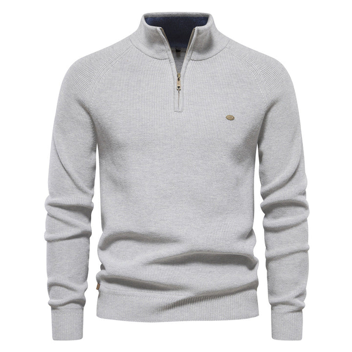Men's black half zip ribbed crew neck sweater with long sleeves
