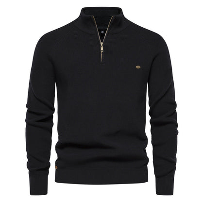 Men's black half zip ribbed crew neck sweater with long sleeves