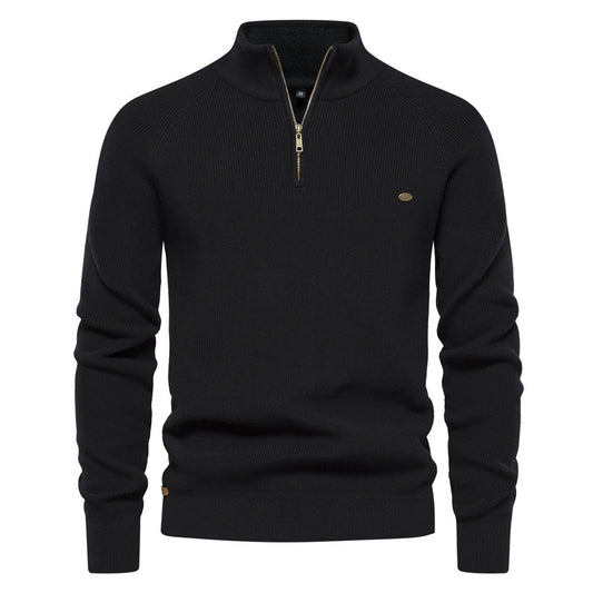 Men's black half zip ribbed crew neck sweater with long sleeves