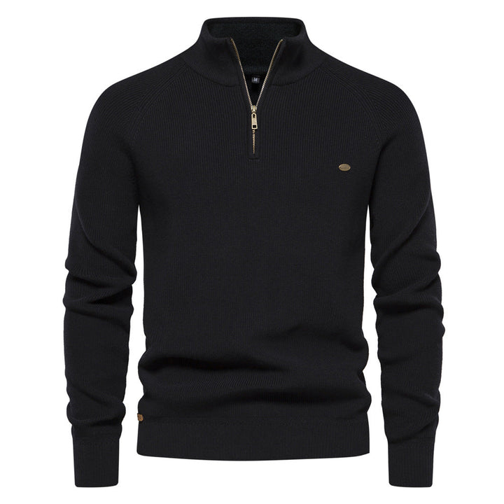 Men's black half zip ribbed crew neck sweater with long sleeves