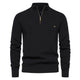 Men's black half zip ribbed crew neck sweater with long sleeves