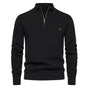 Men's black half zip ribbed crew neck sweater with long sleeves
