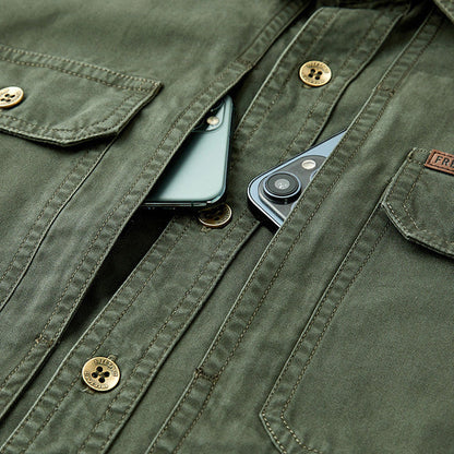 Men's long-sleeve utility overshirt jacket with pointed collar, button front and four pockets