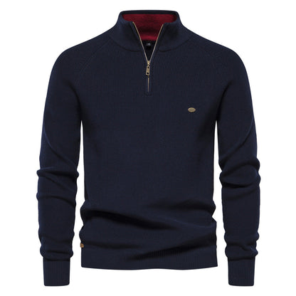 Men's black half zip ribbed crew neck sweater with long sleeves