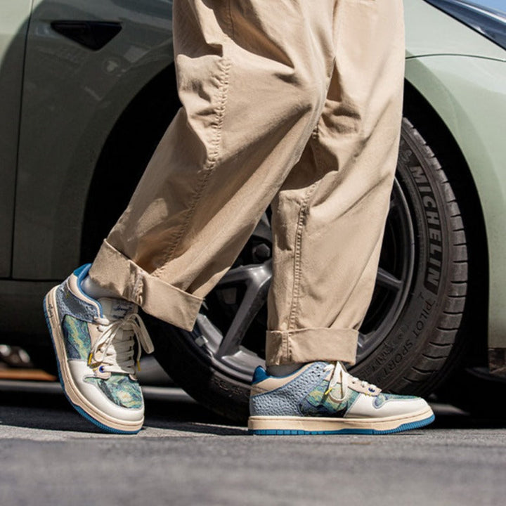 Multicoloured abstract landscape lace-up sneakers with blue sole