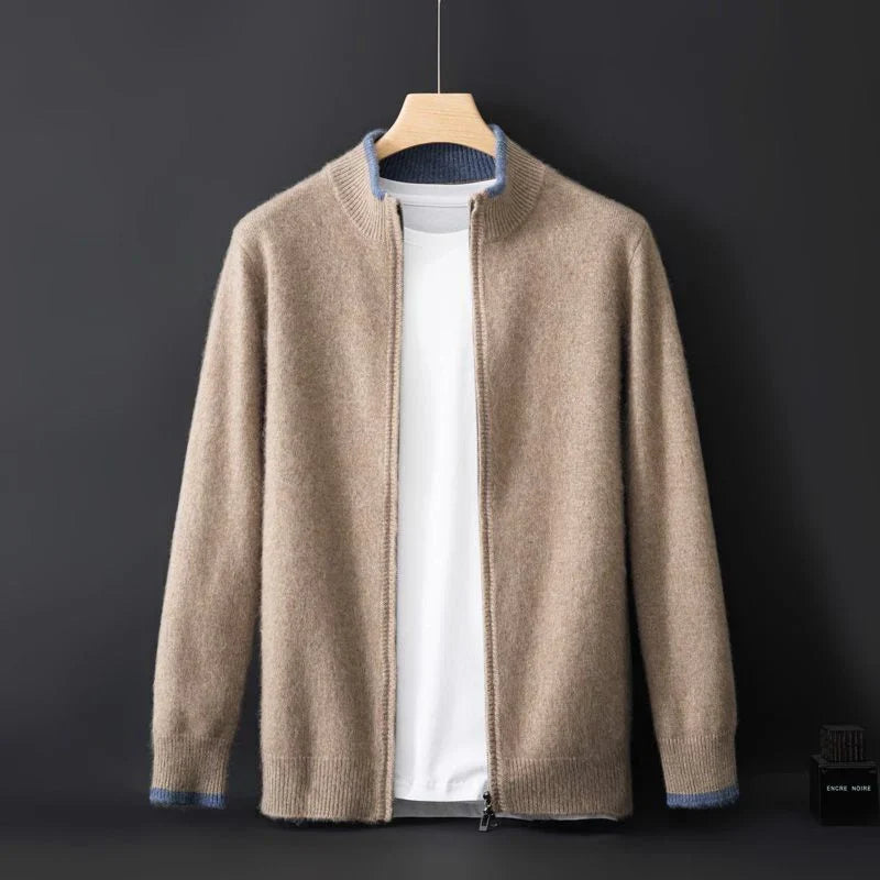 Knit zip-front bomber cardigan with ribbed collar and long sleeves