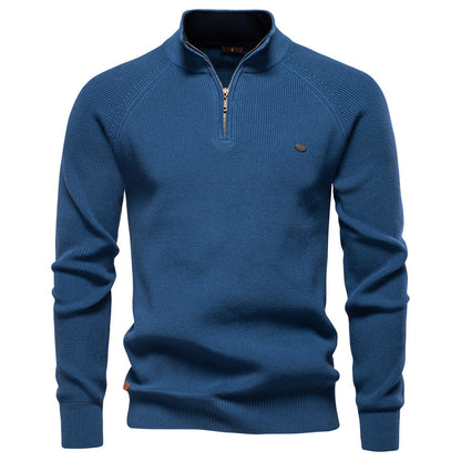Men's black half zip ribbed crew neck sweater with long sleeves