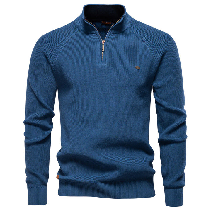 Men's black half zip ribbed crew neck sweater with long sleeves