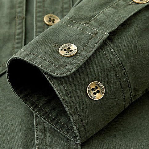 Men's long-sleeve utility overshirt jacket with pointed collar, button front and four pockets