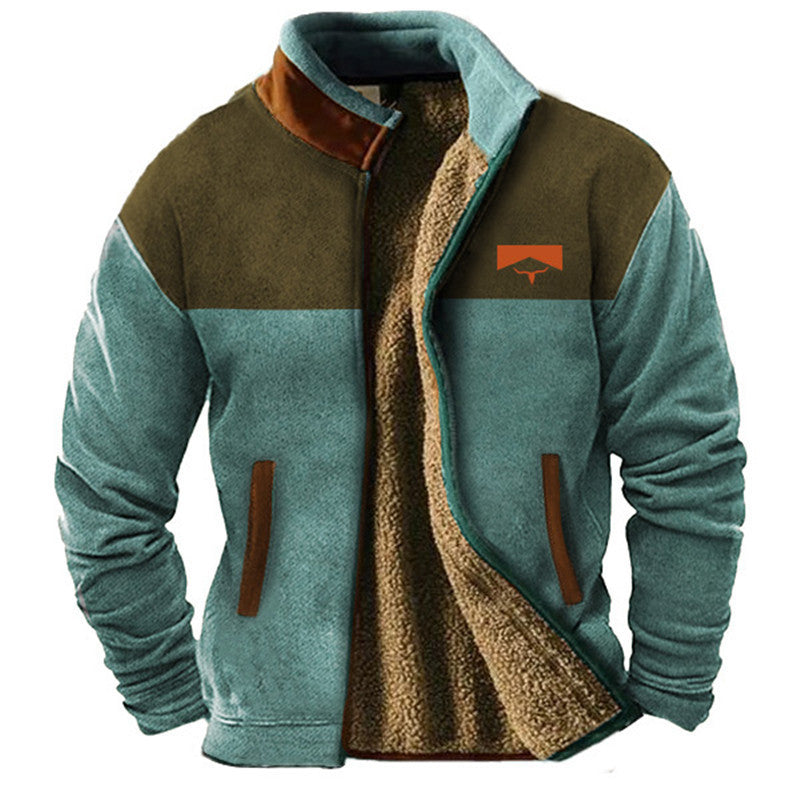 Men's patterned jacket with stand collar, zip front and printed animal motif sleeves