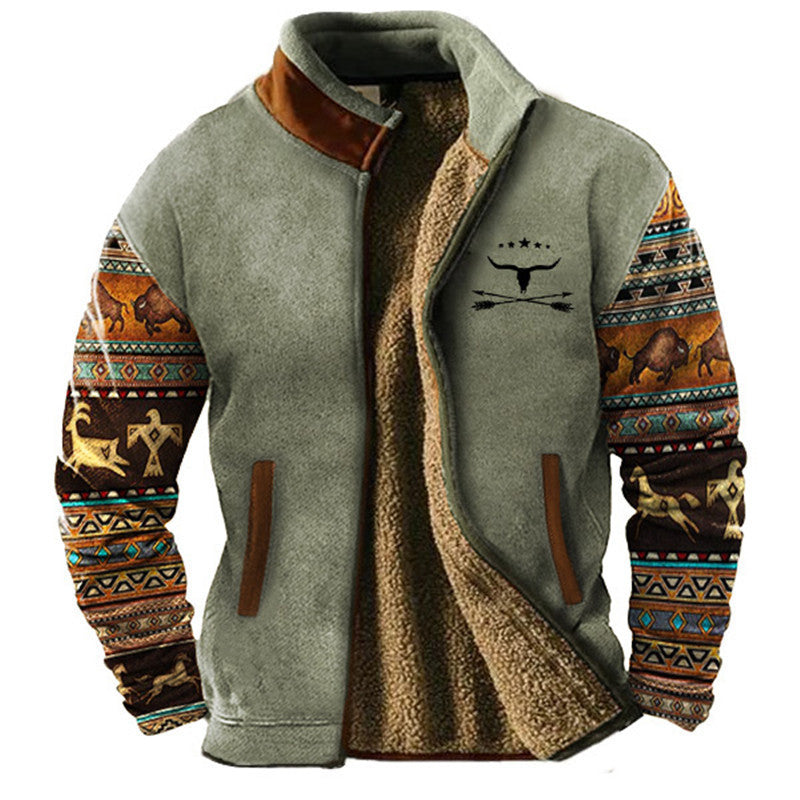 Men's patterned jacket with stand collar, zip front and printed animal motif sleeves