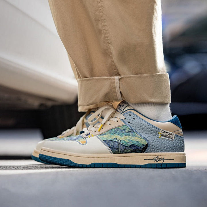 Multicoloured abstract landscape lace-up sneakers with blue sole