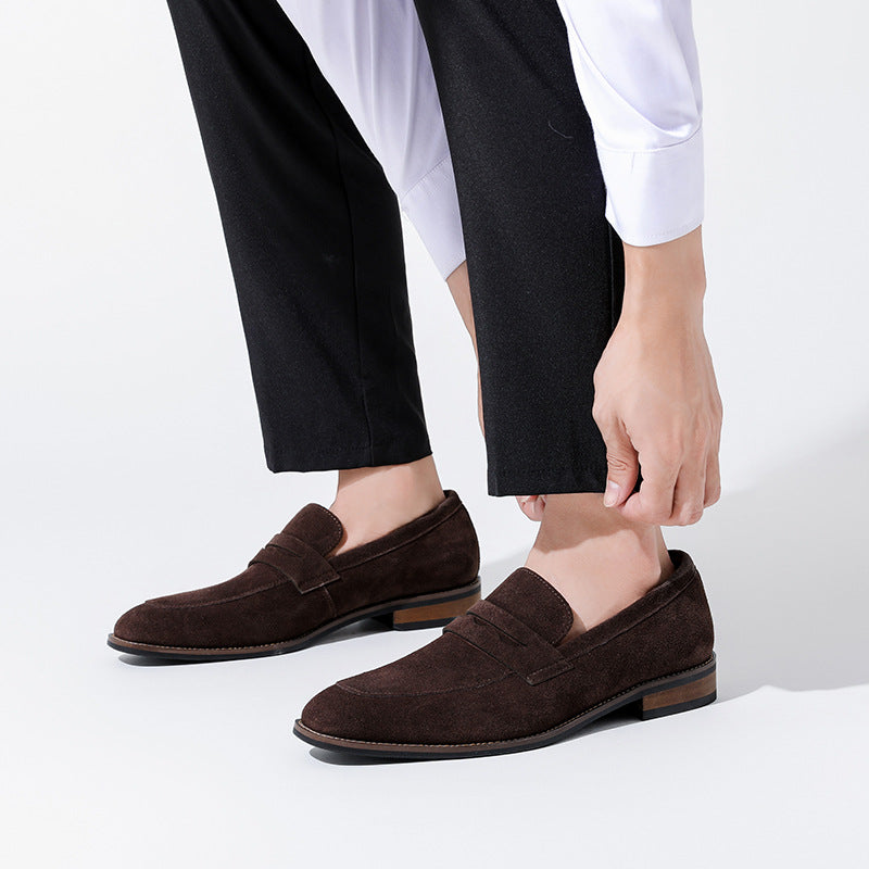 Men's dark brown and navy suede loafer with penny strap detail and stacked heel