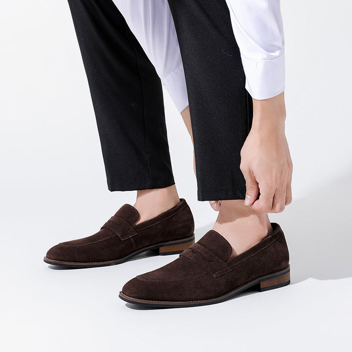 Men's dark brown and navy suede loafer with penny strap detail and stacked heel