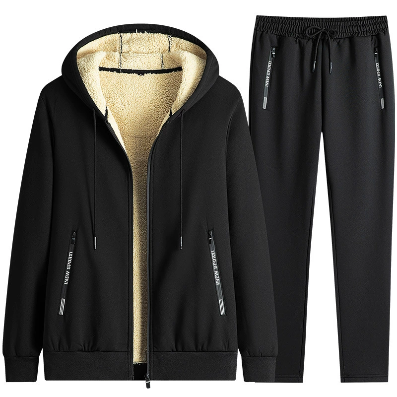 Black hooded tracksuit set with zip jacket and jogger trousers