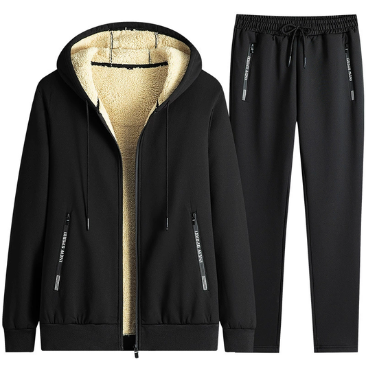Black hooded tracksuit set with zip jacket and jogger trousers