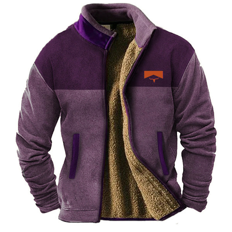 Men's patterned jacket with stand collar, zip front and printed animal motif sleeves