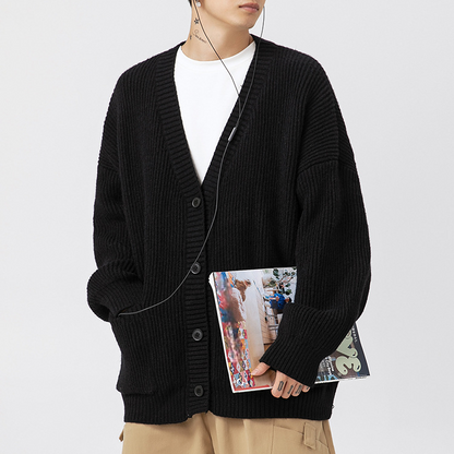 Ribbed knit cardigan with V-neck, buttons and two front pockets