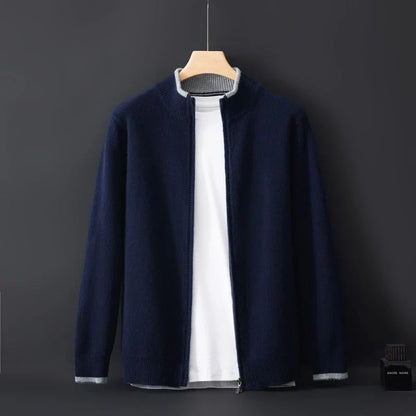 Knit zip-front bomber cardigan with ribbed collar and long sleeves