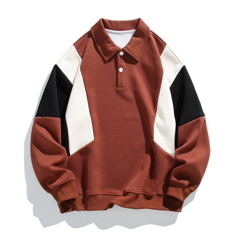 Colourblock polo collar sweatshirt with long sleeves and button placket