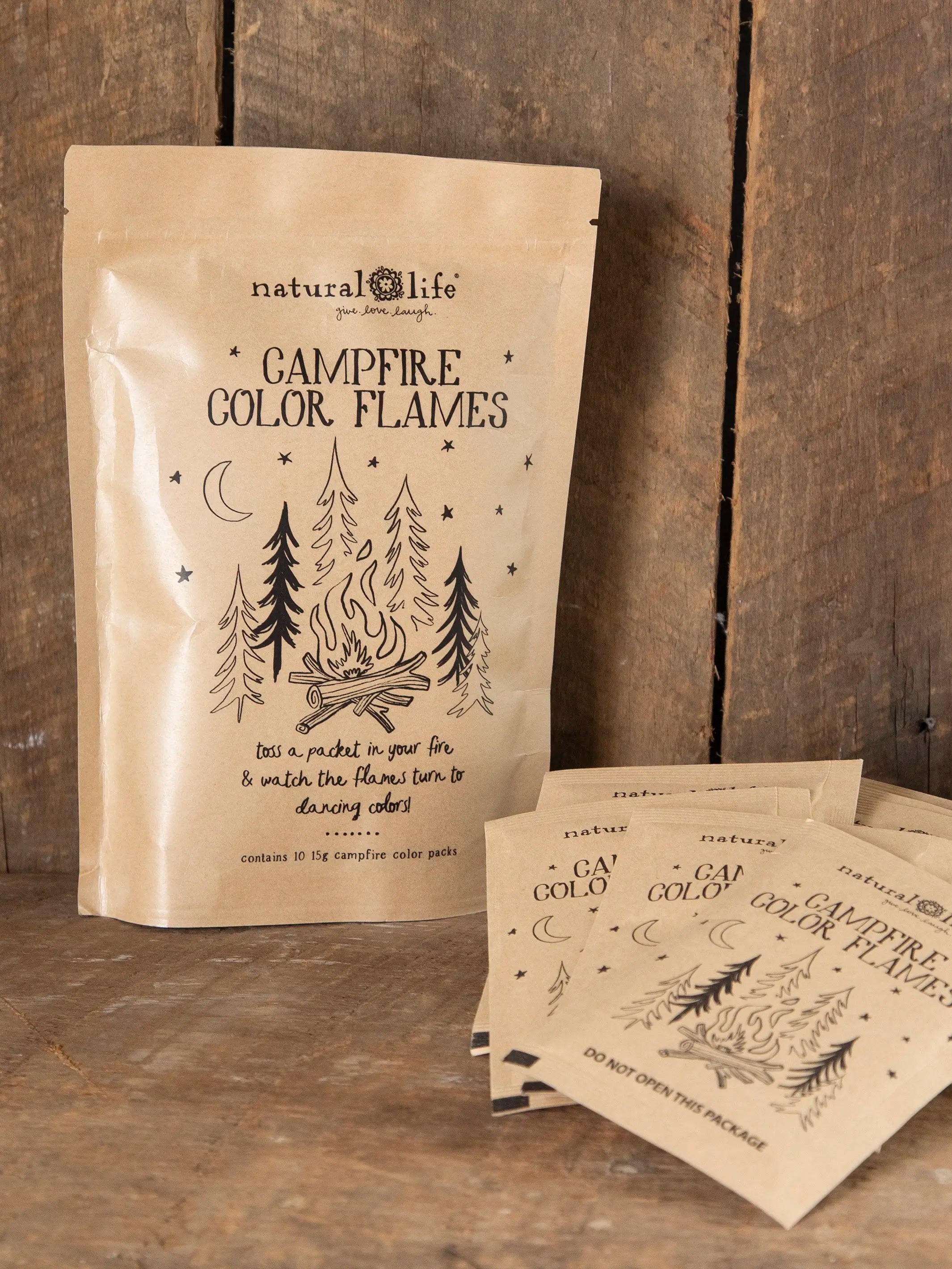 Campfire Color Flames 10-packet set with decorative pouch and mountain scene ribbon tab