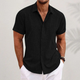 Men's black short-sleeve shirt with camp collar and textured weave