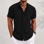 Men's black short-sleeve shirt with camp collar and textured weave