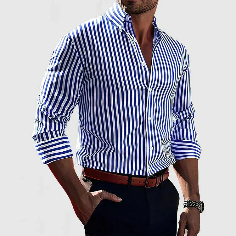 Men's Slim Fit Striped Shirt, Long Sleeve Vertical Stripe Smart Casual Button-Up Shirt