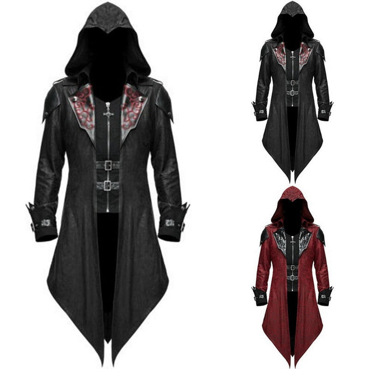 Men's hooded gothic long coat with decorative lapels and buckle fastenings