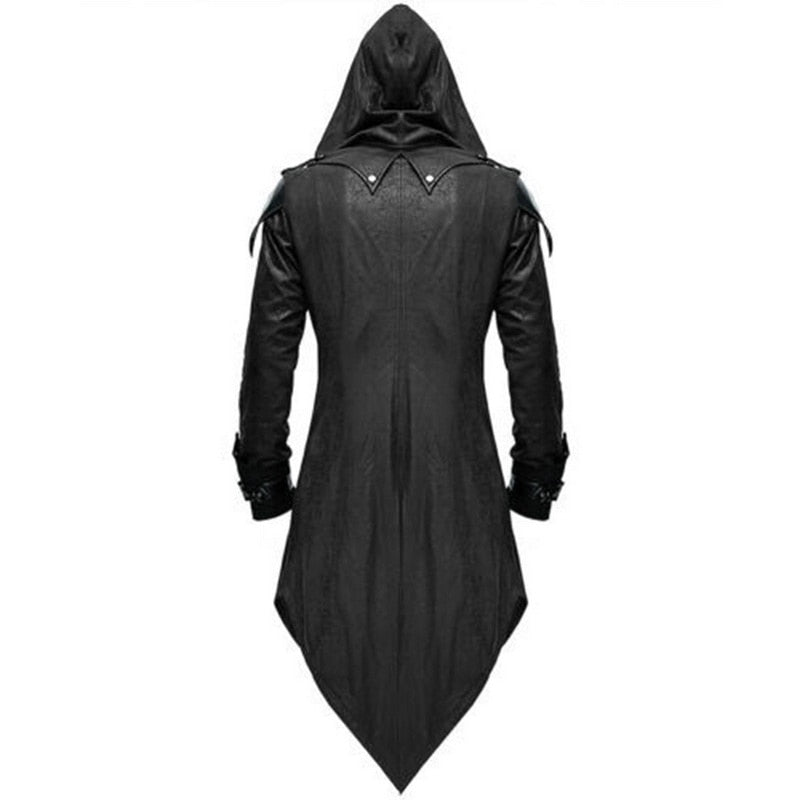 Men's hooded gothic long coat with decorative lapels and buckle fastenings