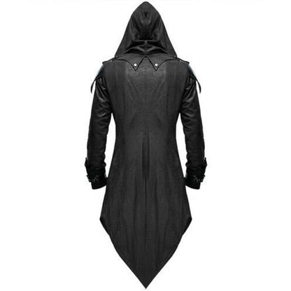 Men's hooded gothic long coat with decorative lapels and buckle fastenings