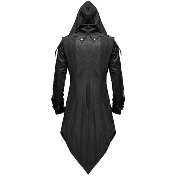 Men's hooded gothic long coat with decorative lapels and buckle fastenings