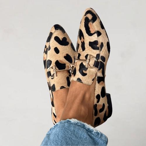 Leopard print loafers with pointed toes and metal horsebit detail