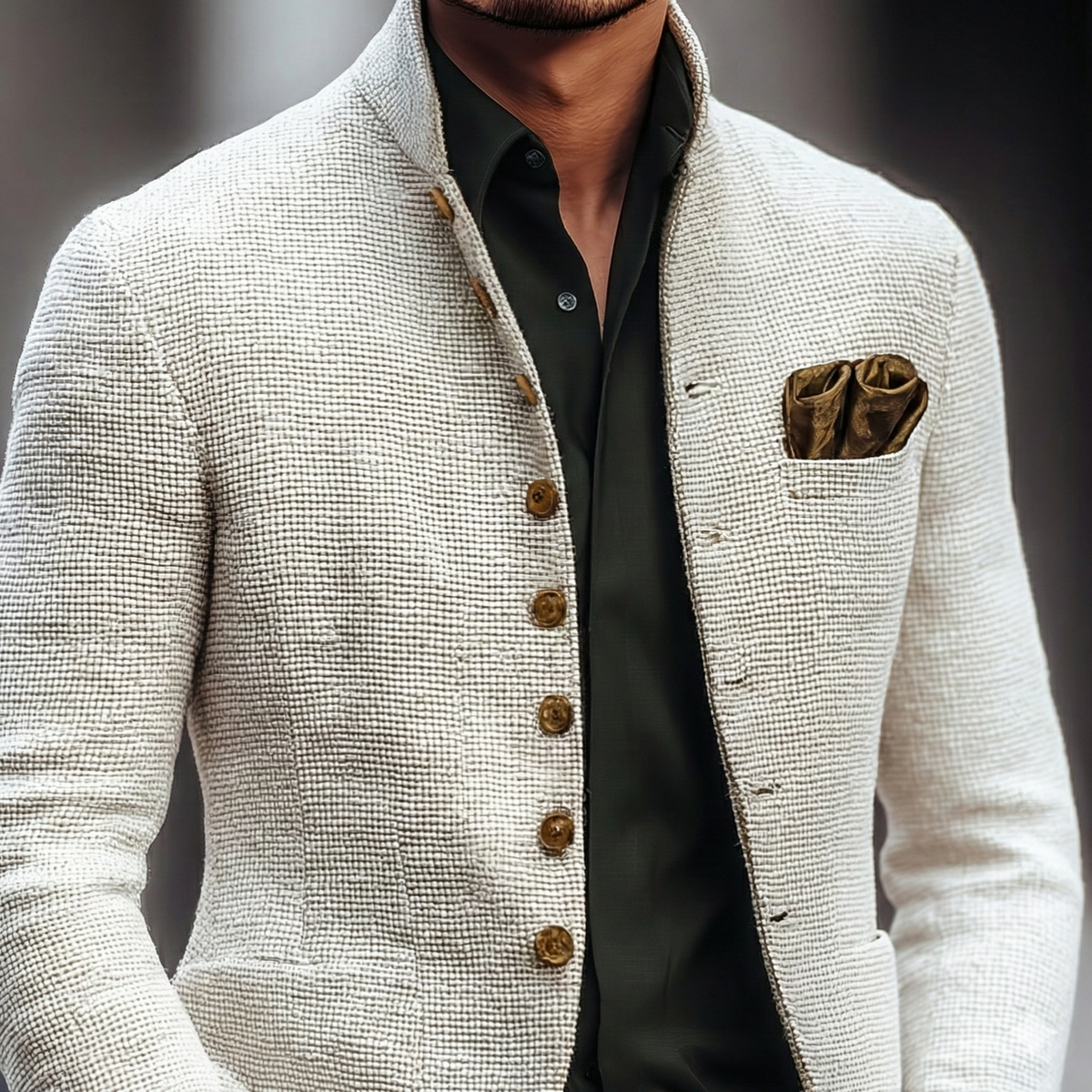 Men's cream textured cardigan with stand collar, brown buttons and patch pockets
