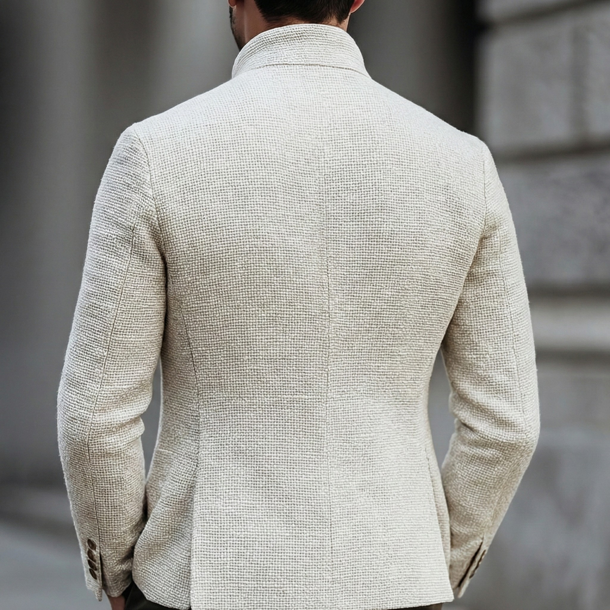 Men's cream textured cardigan with stand collar, brown buttons and patch pockets