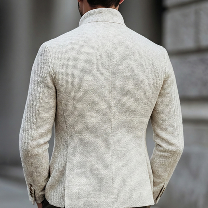 Men's cream textured cardigan with stand collar, brown buttons and patch pockets