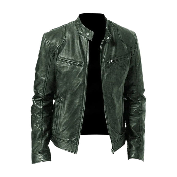 Men's zip front jacket with stand collar and multiple zipped pockets