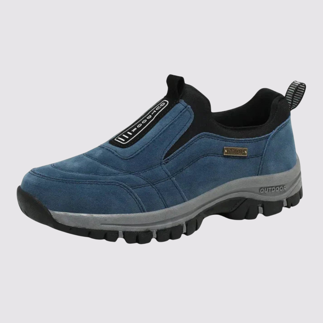 Unisex slip-on outdoor shoes with stitched panels, pull tab and chunky treaded sole
