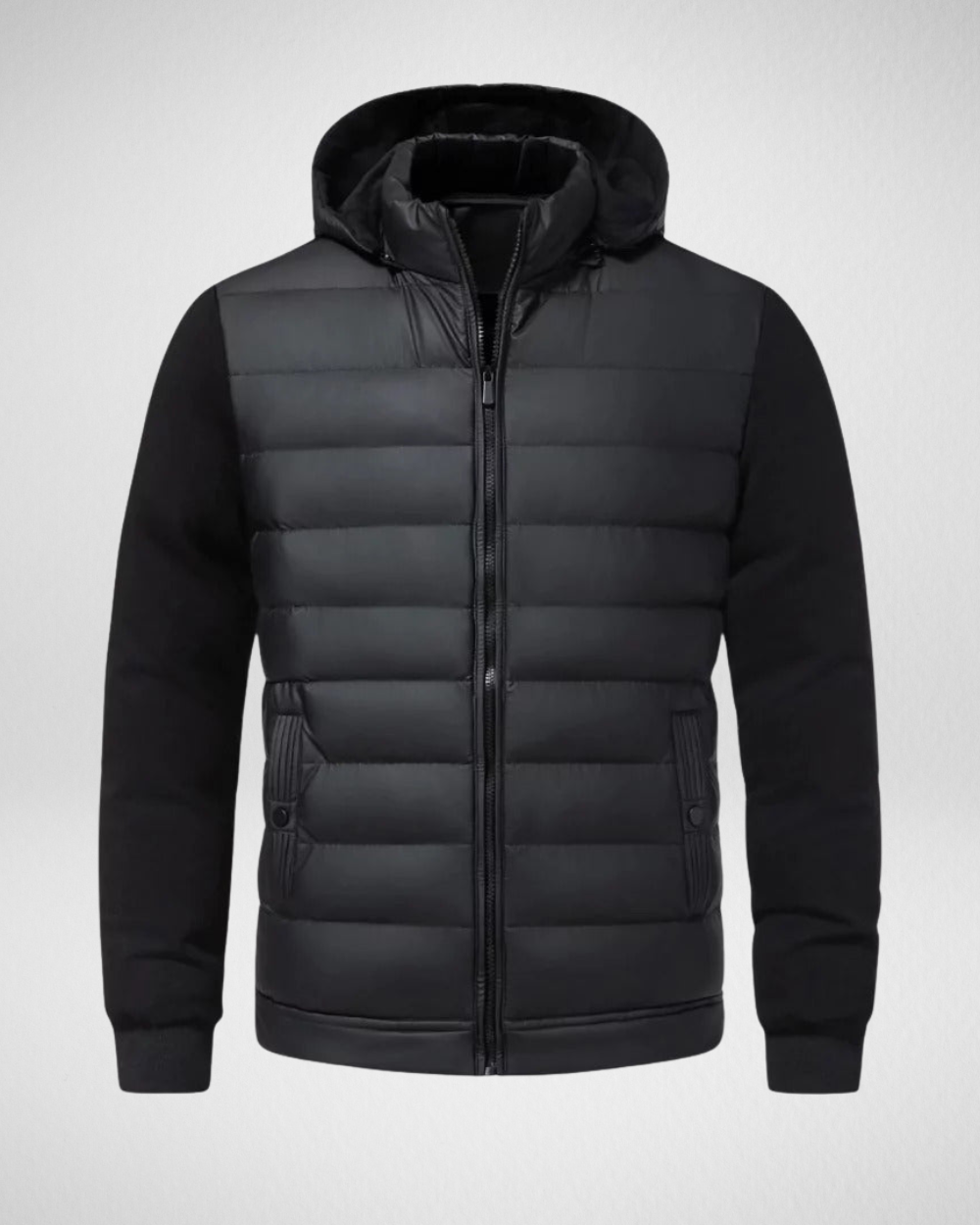 Men's quilted hooded jacket shown in black and grey with a full zip and front pockets