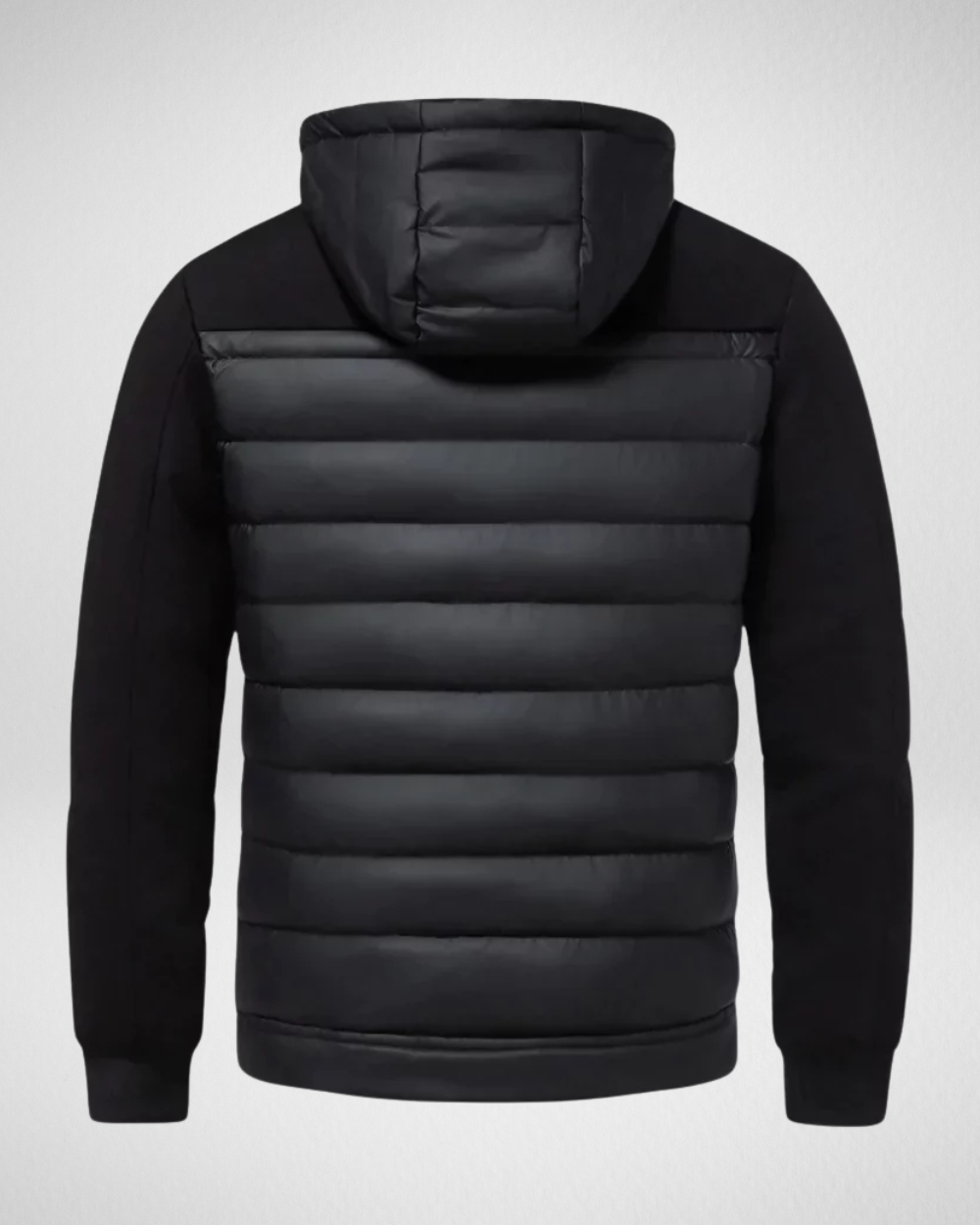 Men's quilted hooded jacket shown in black and grey with a full zip and front pockets