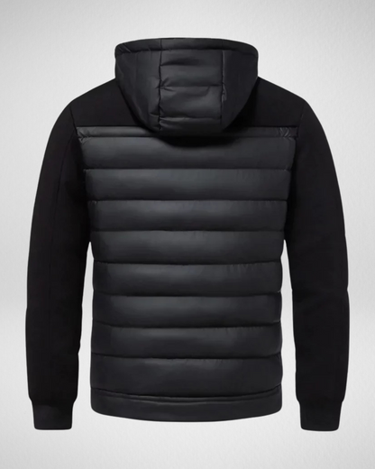 Men's quilted hooded jacket shown in black and grey with a full zip and front pockets