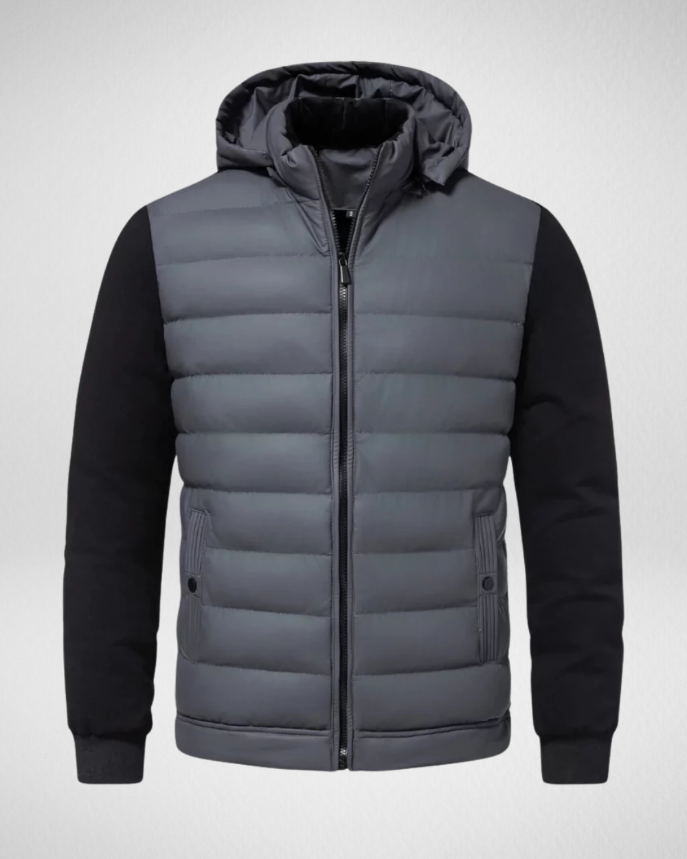Men's quilted hooded jacket shown in black and grey with a full zip and front pockets