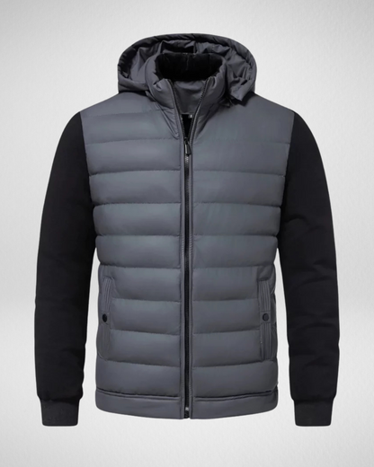 Men's quilted hooded jacket shown in black and grey with a full zip and front pockets