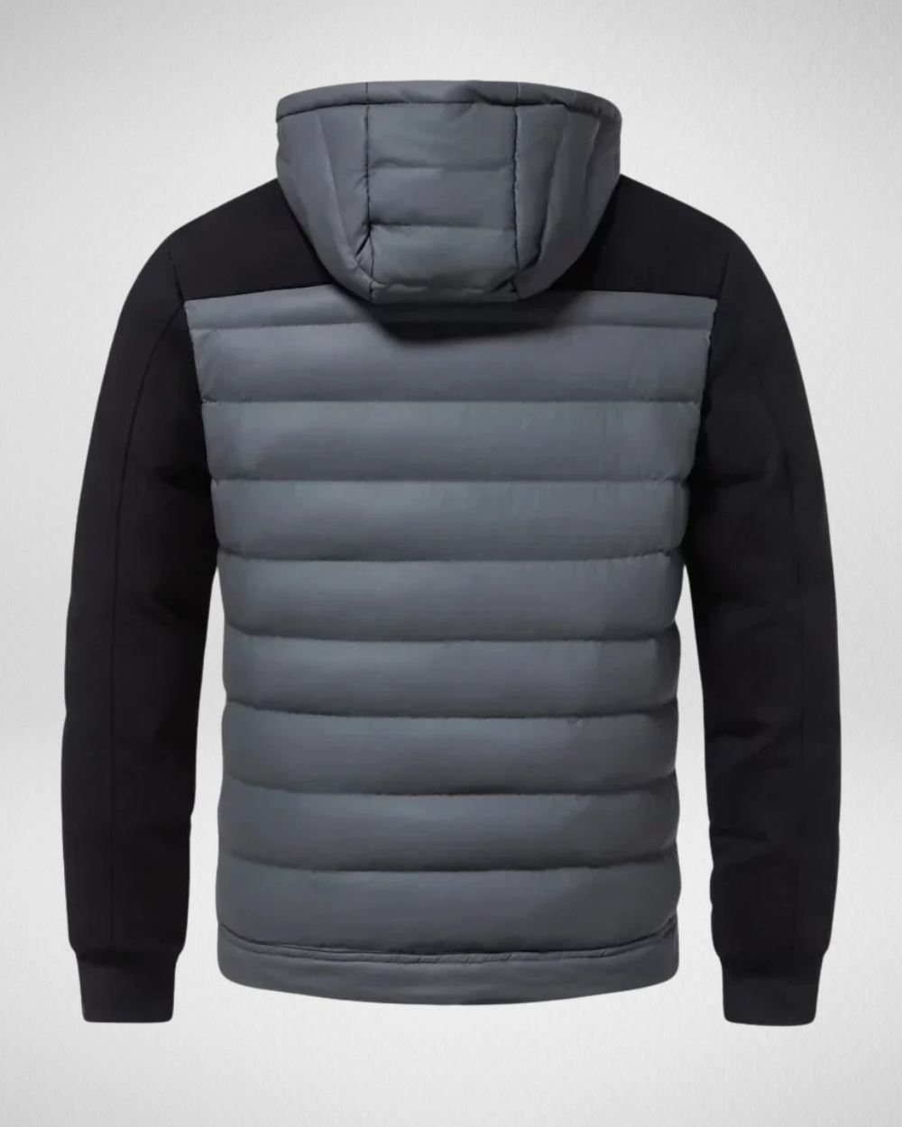 Men's quilted hooded jacket shown in black and grey with a full zip and front pockets