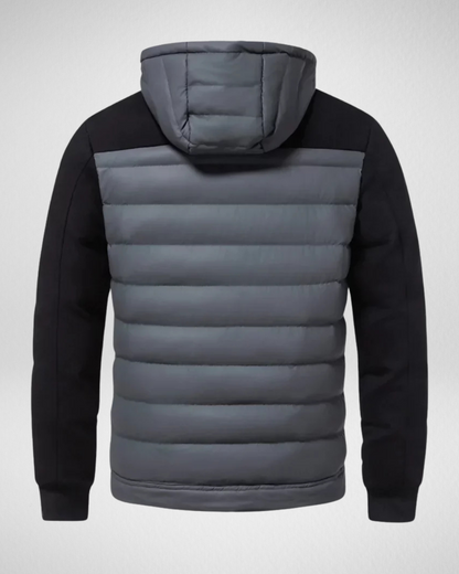 Men's quilted hooded jacket shown in black and grey with a full zip and front pockets