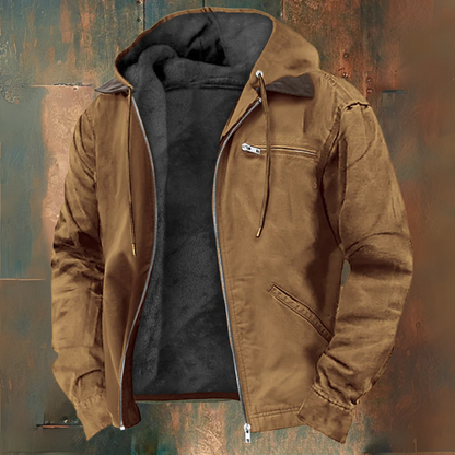 Men's hooded zip-up jacket with long sleeves, drawstring hood and multiple zipped pockets