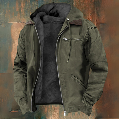 Men's hooded zip-up jacket with long sleeves, drawstring hood and multiple zipped pockets