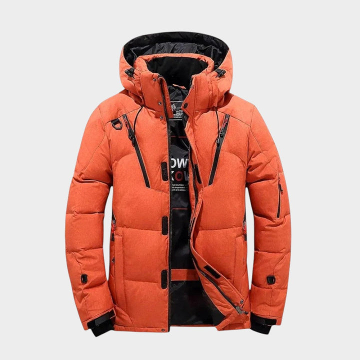 Men's solid winter jacket with long sleeves and zip front