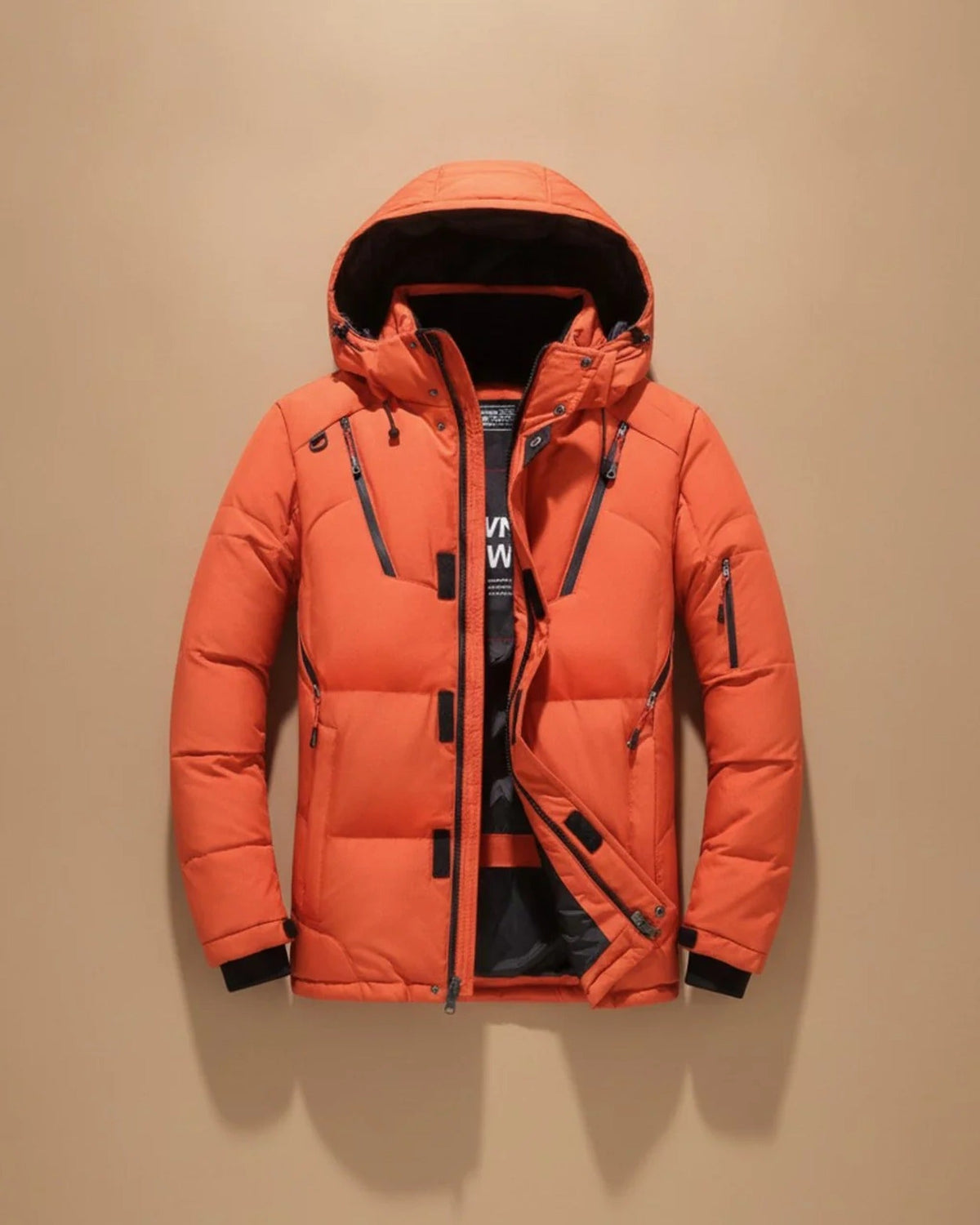 Men's quilted hooded jacket with long sleeves and multiple zipped pockets
